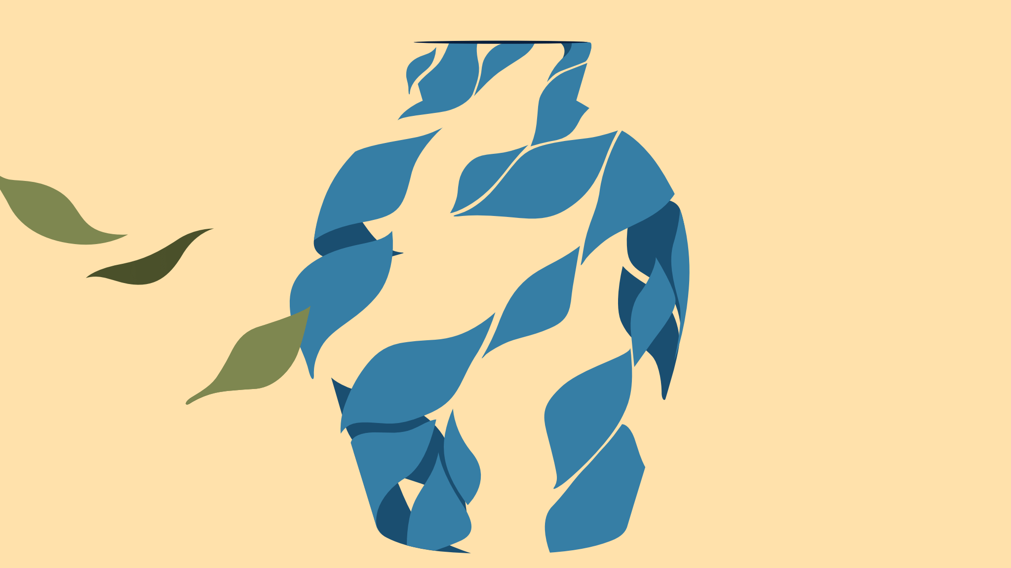 Abstract illustration of a blue vase formed by leaf-shaped fragments, with some leaves drifting away, symbolizing fragility, transformation, and the passage of time.