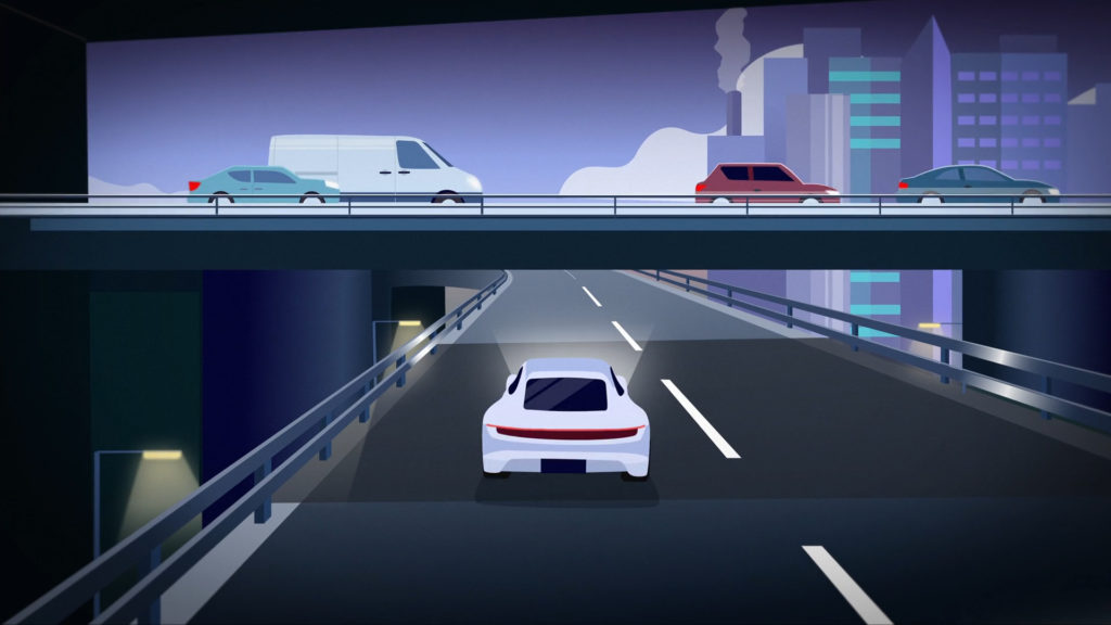 Illustration of cars on a multi-level highway in an urban cityscape, with buildings and smoke in the background, symbolizing transportation and urban environmental impact.