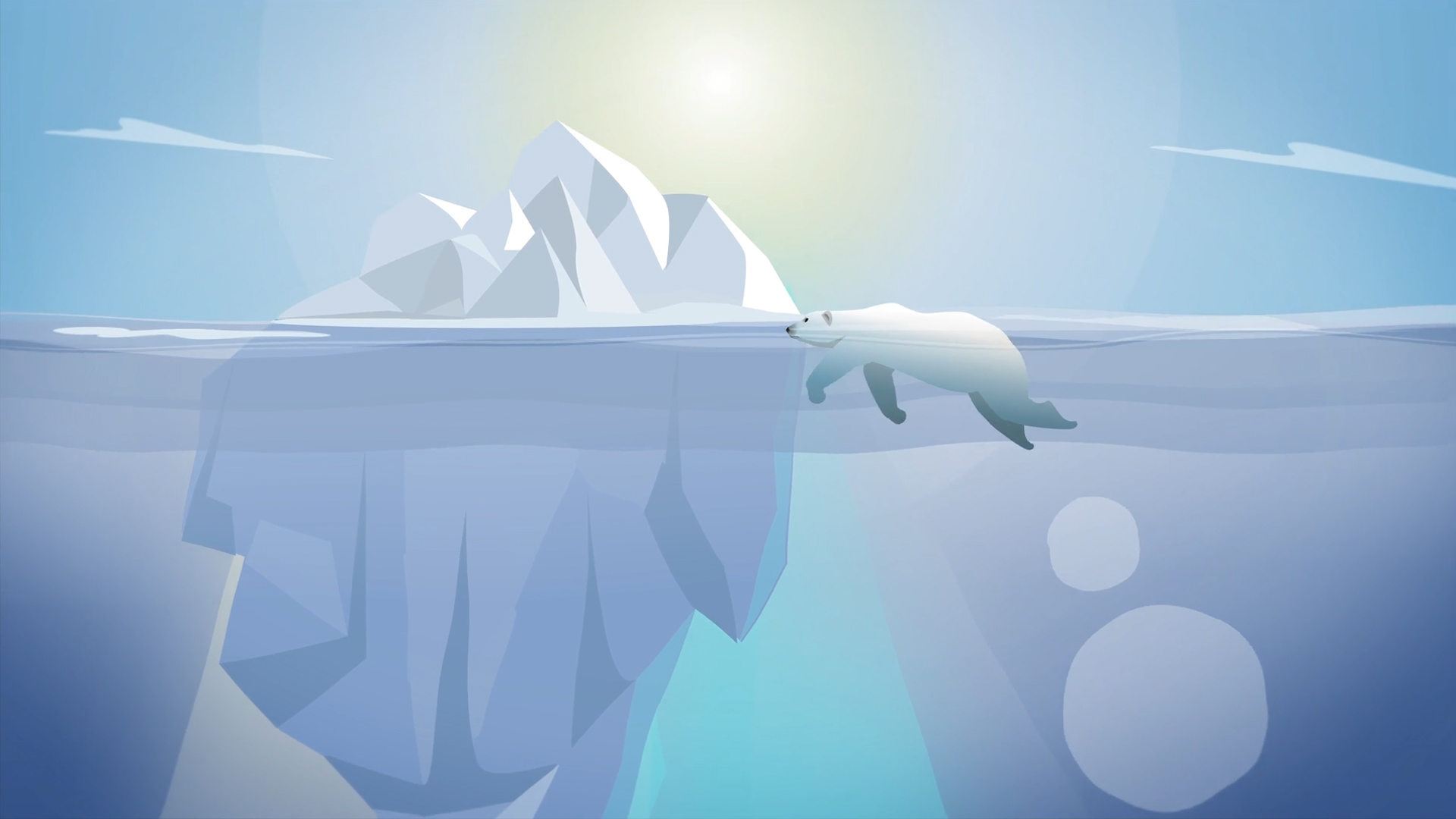 Illustration of a polar bear swimming beside an iceberg under a bright sun, symbolizing the impact of climate change and melting polar ice in the Arctic.