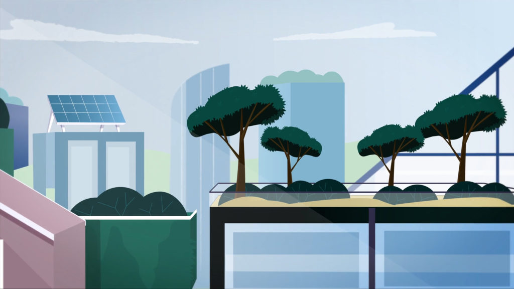 Illustration of a futuristic city skyline with rooftop trees and solar panels, representing sustainable urban development and eco-friendly architecture.