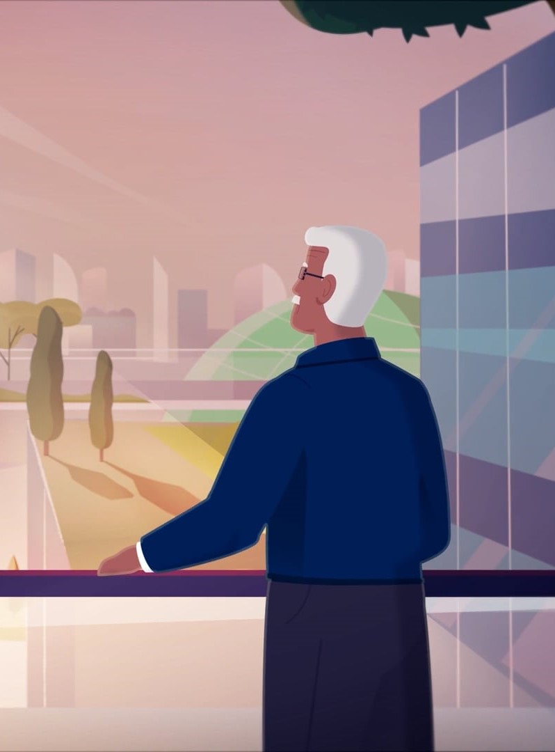 Illustration of an older man with white hair gazing over a futuristic cityscape at sunset, featuring greenery, modern architecture, and a peaceful, optimistic atmosphere.