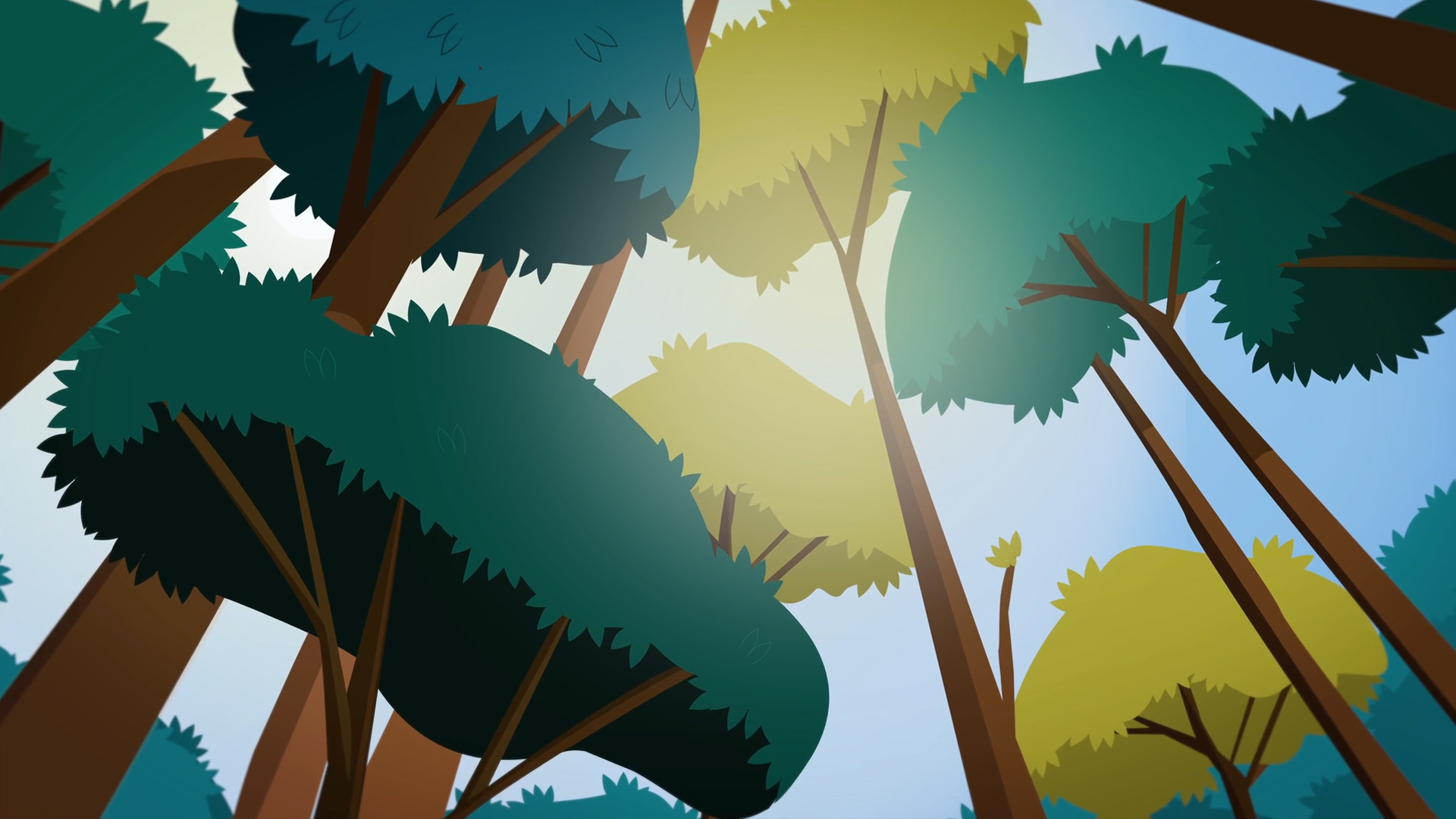 ChatGPT said: Illustration of tall, vibrant trees with lush green canopies viewed from below, capturing sunlight streaming through the forest in a stylized, animated style.