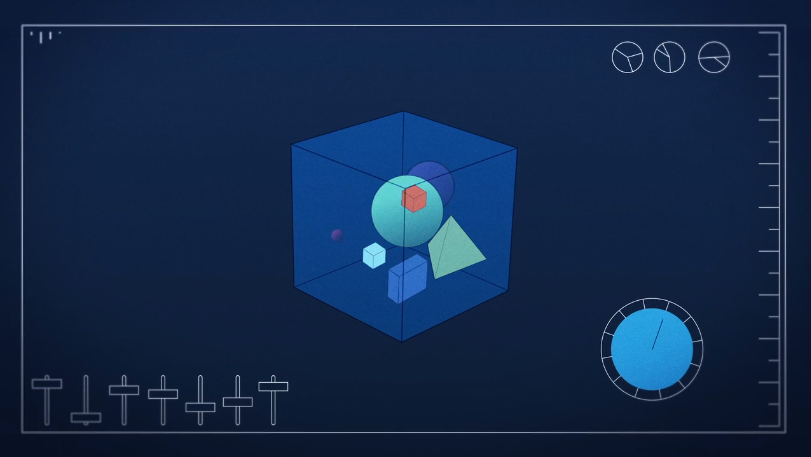 Digital interface showing a blue cube containing colorful 3D shapes, with control dials, sliders, and measurement graphics on a dark blue background, resembling a futuristic analysis screen.