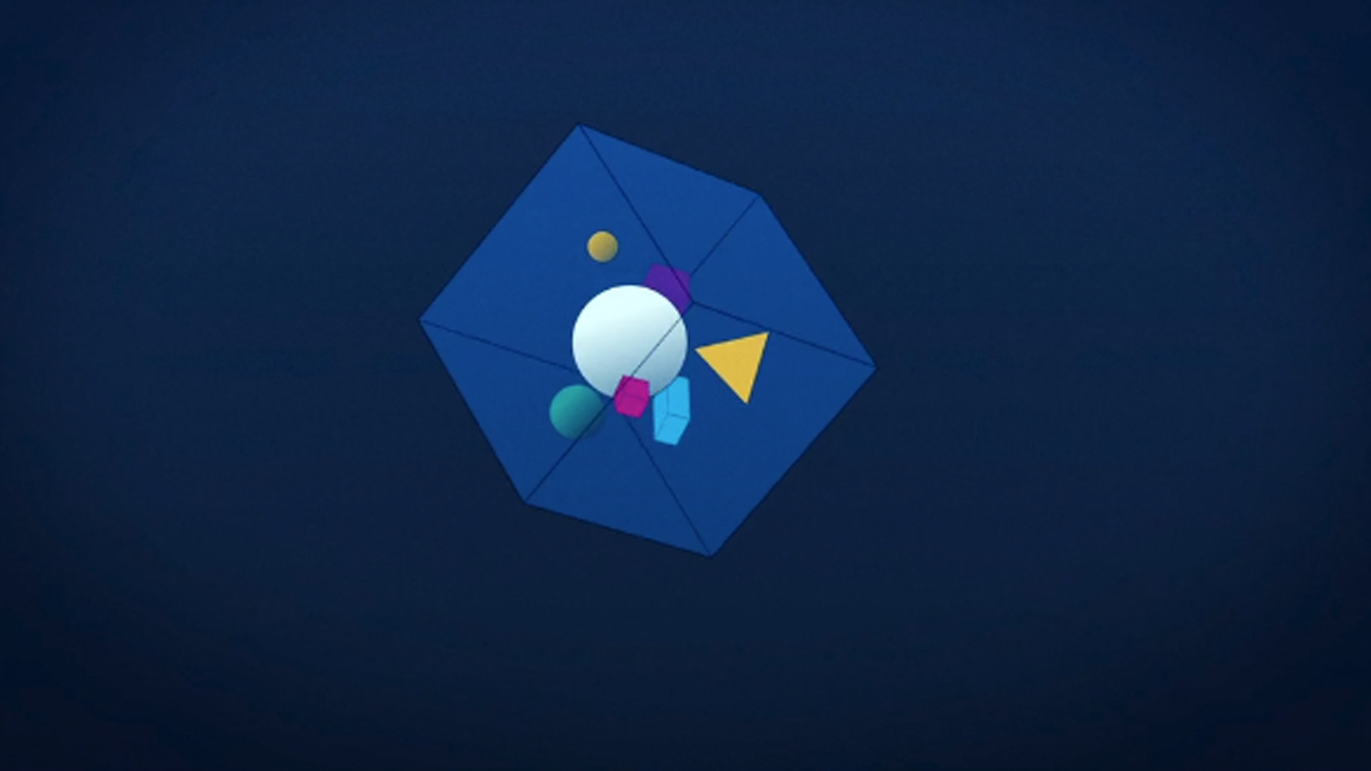 Illustration of a blue transparent cube containing colorful geometric shapes, including a sphere, triangle, and hexagons, floating against a dark blue background.