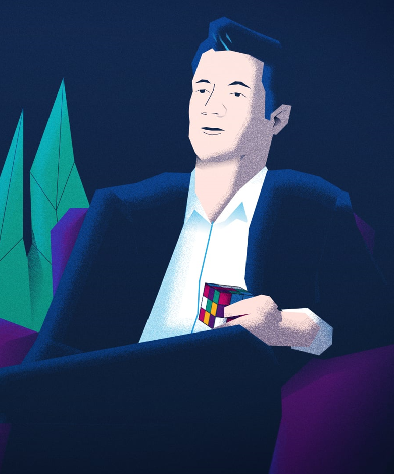Illustrated man in a suit holding a Rubik’s cube, sitting on a purple chair against a dark blue background with green abstract trees, representing problem-solving and thoughtful reflection.