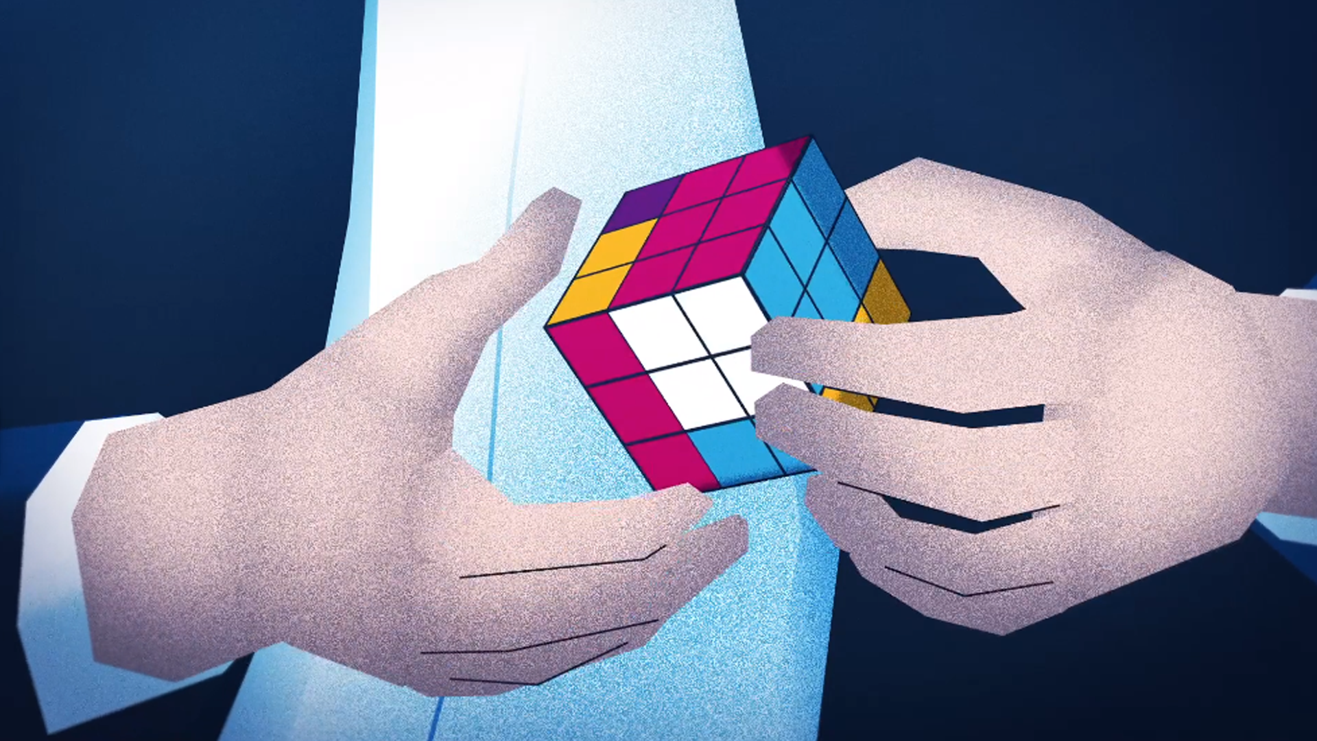 Illustration of two hands holding and solving a colorful Rubik’s cube against a dark blue background, symbolizing problem-solving and strategic thinking.
