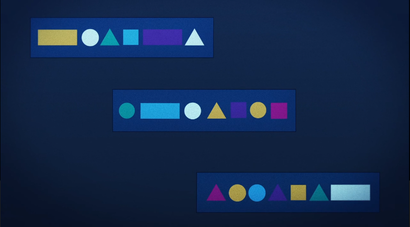 Three horizontal rows of colorful geometric shapes, including rectangles, circles, triangles, and squares, arranged against a dark blue background, representing diversity or data organization visually.