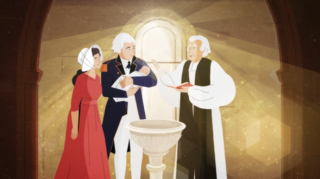 Illustration of a christening ceremony inside a church, with a priest reading, a couple holding a baby near a baptismal font, bathed in warm, golden light.