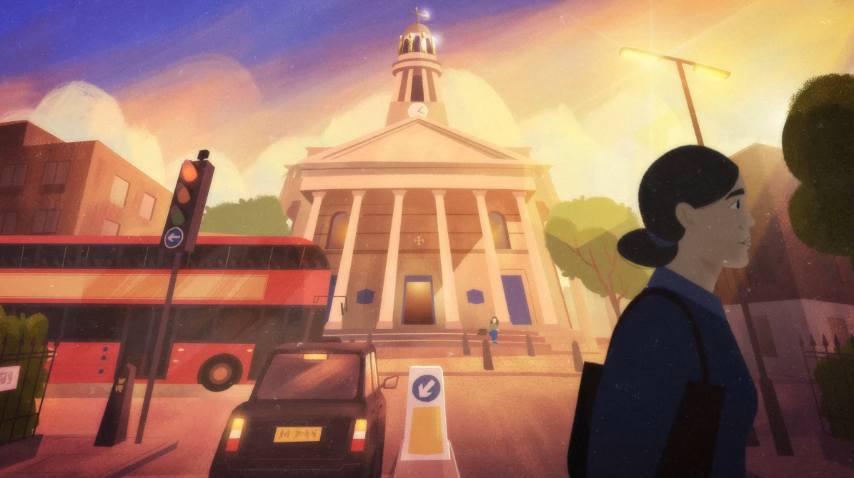 Illustration of a grand city church at sunset, with people walking, a red London bus, and cars in front, capturing a vibrant urban scene with warm golden light.