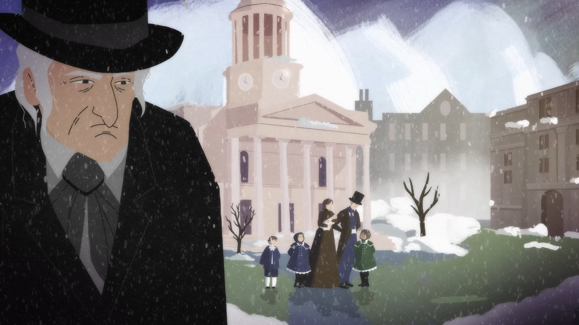 Illustration of a stern-looking man in Victorian attire walking past a snowy church scene with families outside, evoking a historic winter moment, possibly inspired by “A Christmas Carol.”