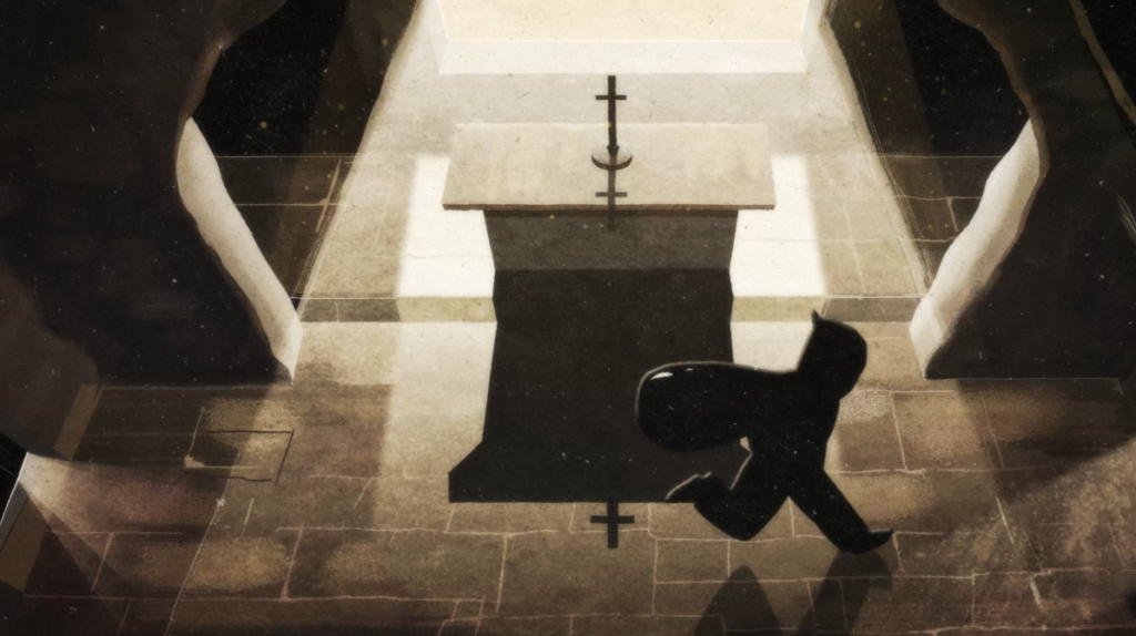 Illustration of a shadowy figure running inside a dimly lit church, passing an altar with a cross, creating a mysterious and dramatic atmosphere.
