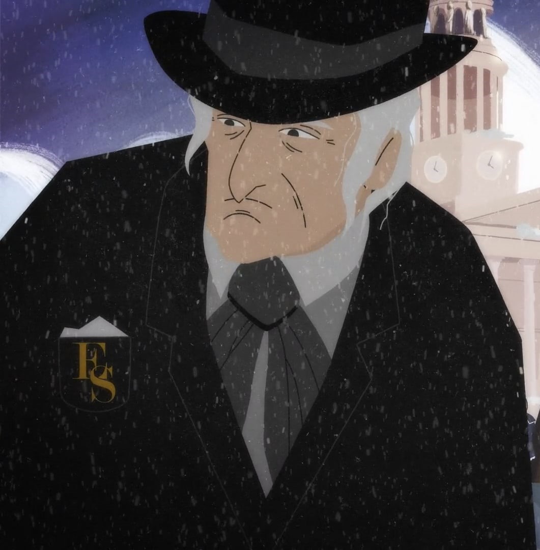 Illustration of a stern-faced man in Victorian attire, wearing a top hat and black coat, walking in the snow with a historical church in the background.