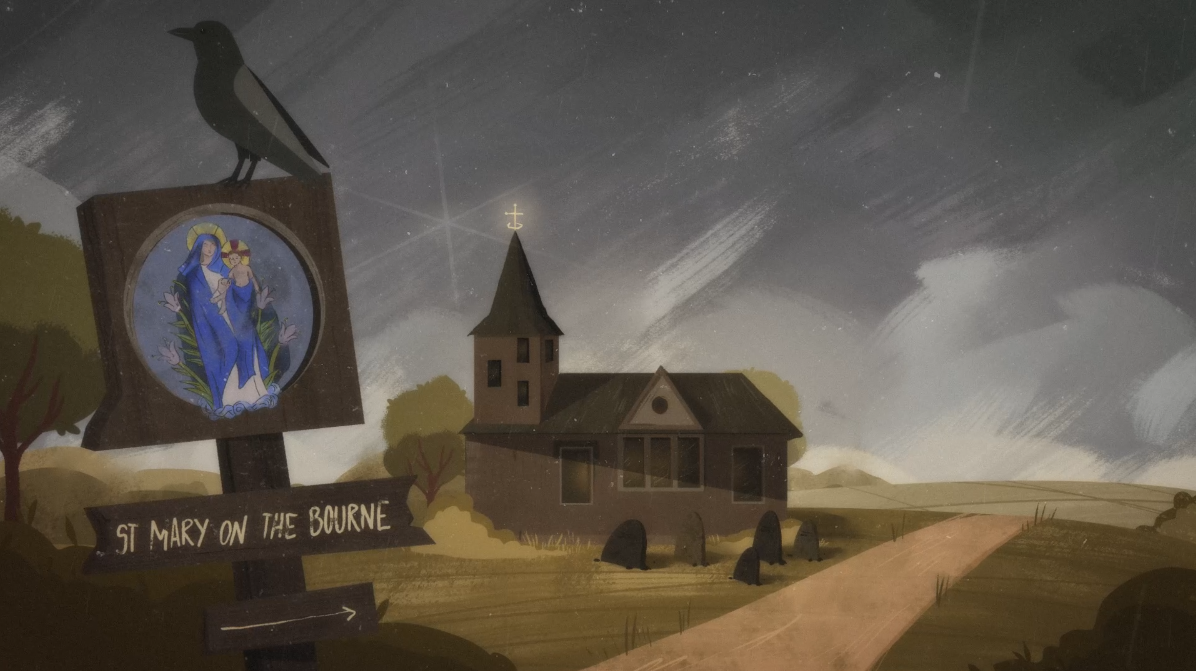 Illustration of a countryside church at dusk with a crow perched on a sign reading “St Mary on the Bourne,” under a dramatic, moody sky and surrounded by gravestones.