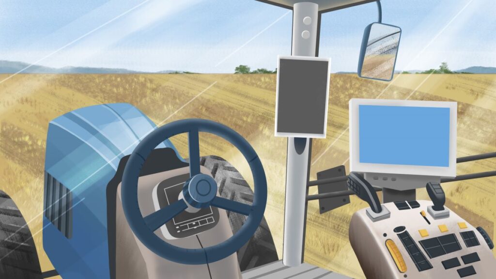 View from inside a high-tech tractor cabin overlooking a harvested field, showing steering wheel, control panels, and digital monitors used in modern precision farming.