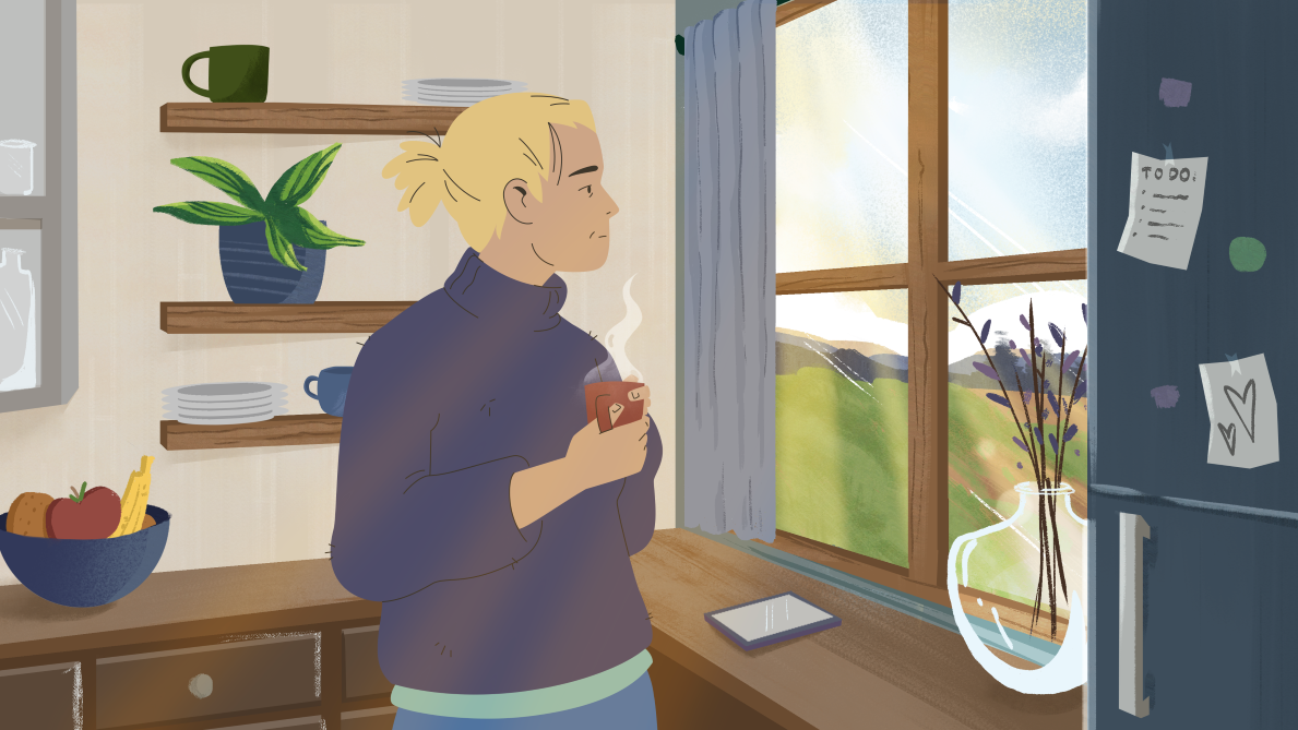 Illustration of a woman holding a warm drink, gazing out a kitchen window at sunny farmland, with a to-do list and tablet nearby, evoking calm and reflection.