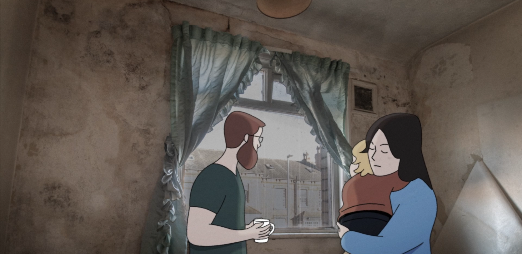 Illustration of a concerned family inside a damp, rundown flat. Father holding a mug and mother comforting a child, highlighting poor housing conditions and their impact on wellbeing.