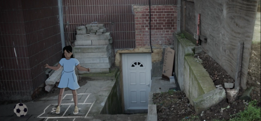 Illustration of a young girl playing hopscotch near a football in a neglected, unsafe-looking urban space, highlighting concerns about children's environments and housing safety.
