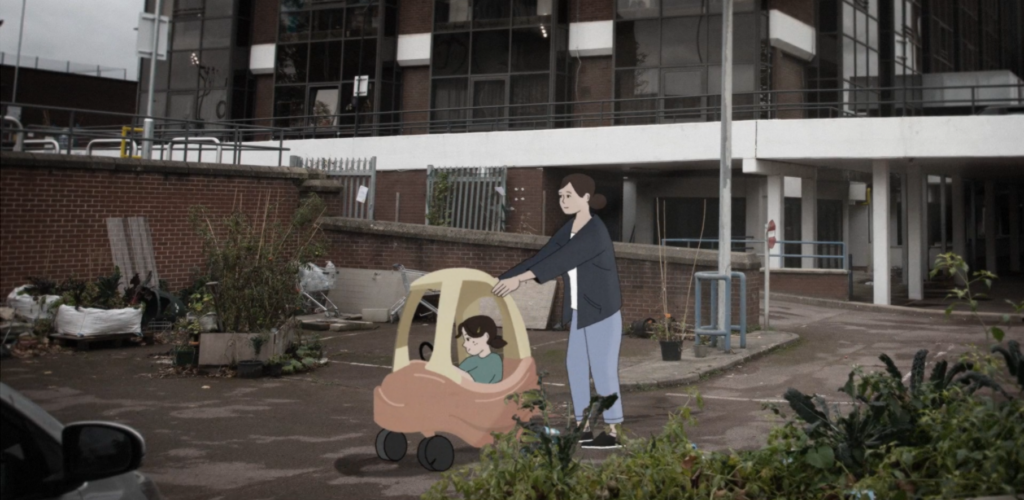Illustration of a mother pushing her child in a toy car through a neglected urban area, highlighting the challenges families face in poor-quality housing environments.