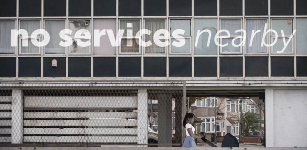ChatGPT said: Illustration of a woman pushing a stroller beneath a bleak apartment block with text reading “no services nearby,” highlighting the isolation and lack of accessible amenities in underserved communities.
