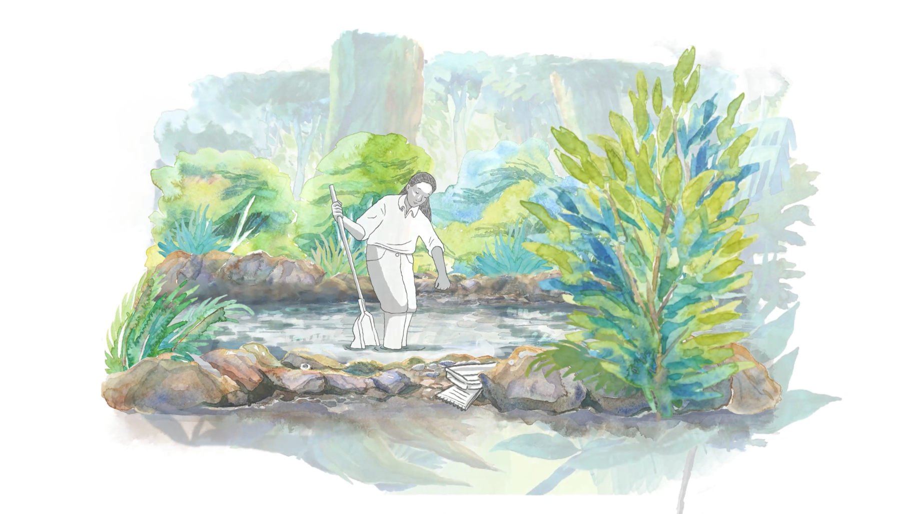 Watercolor-style illustration of a woman wading in a forest stream with a net, collecting samples beside a stack of books, symbolizing conservation research and environmental education.