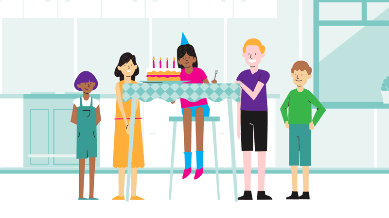 Animated illustration of a birthday party with a girl in a party hat sitting at a table with cake, surrounded by smiling children and adults in a cheerful indoor setting.