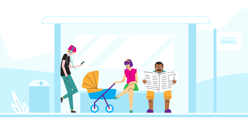 Animated illustration of people waiting at a bus stop: a person with headphones on their phone, a woman with a stroller, and a man reading a newspaper, representing everyday urban life.