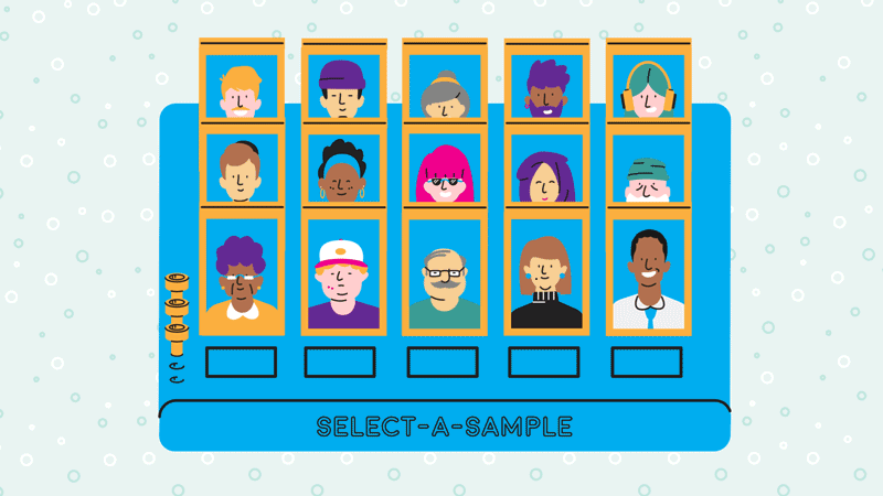 Animated illustration of a “Select-A-Sample” board featuring diverse cartoon faces, resembling a guessing game, symbolizing participant selection in research or demographic sampling.