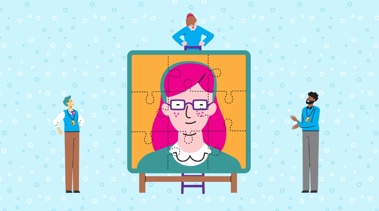Illustration of people assembling a large jigsaw puzzle of a woman’s face, symbolizing collaboration in research or piecing together data to understand individual and societal development.