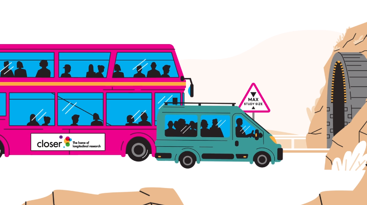 Illustration of a crowded pink double-decker bus and a teal van stuck at a tunnel with a "Max Study Size" sign, symbolizing research limits and participant capacity in studies.