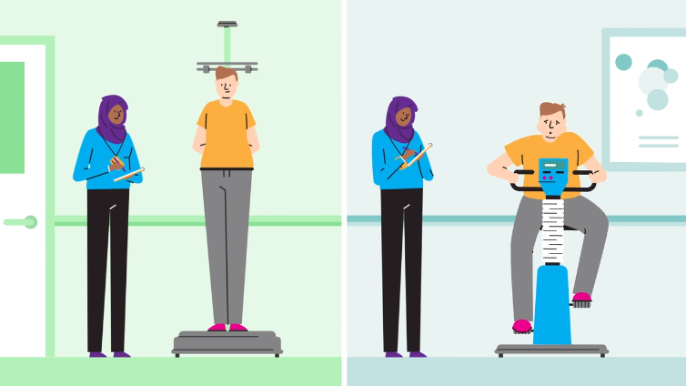 Illustration of a healthcare worker recording a patient's height on the left and monitoring their exercise on a stationary bike on the right, symbolizing routine health assessments in research or clinical settings.