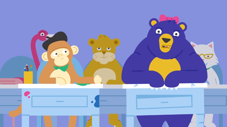 Illustration of cartoon animals, including a monkey, bear, lion, flamingo, and cat, sitting at school desks, highlighting classroom diversity and gender representation themes.