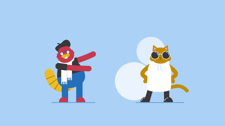 ChatGPT said: Two stylishly dressed cartoon cats striking confident poses, one in a beret and scarf, the other in sunglasses and a white apron, set against a light blue background.