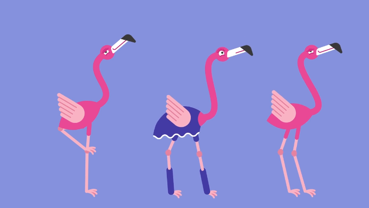 Illustration of three pink flamingos, each with different clothing and expressions, highlighting individuality and challenging traditional gender roles in appearance and style.