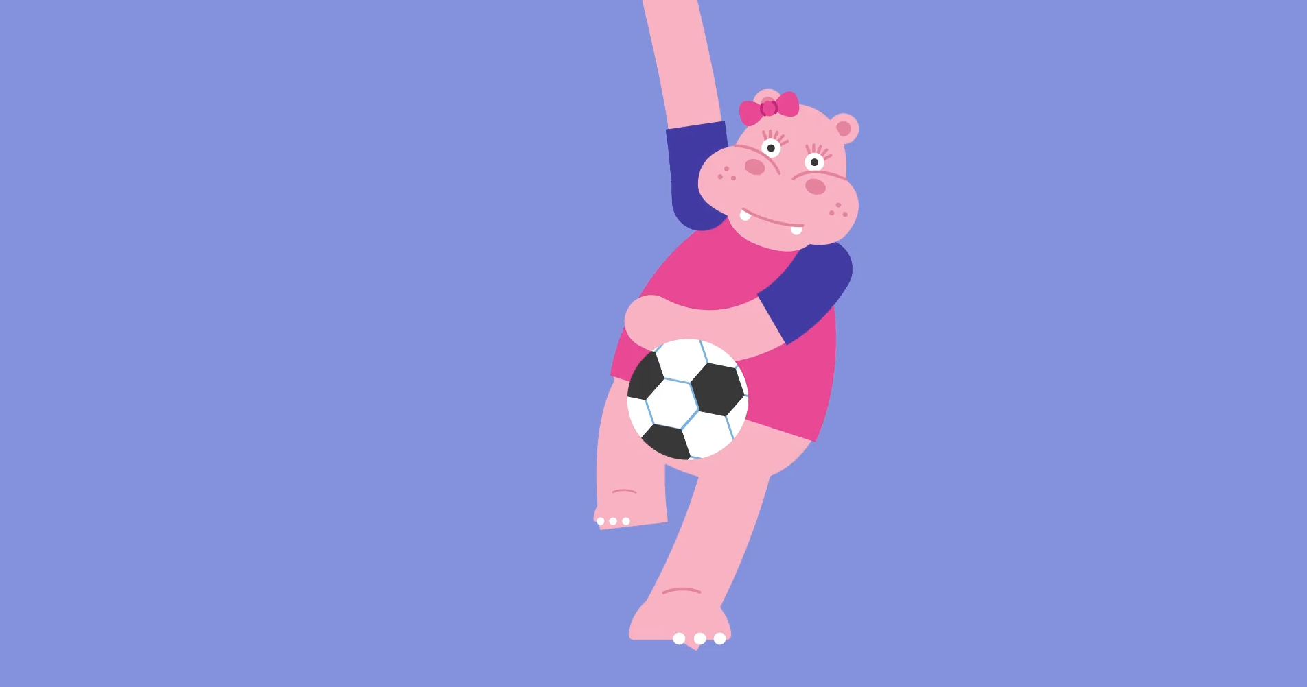 Illustration of a smiling pink hippo wearing a bow and holding a soccer ball while swinging, symbolizing playful energy and challenging gender stereotypes in sports.