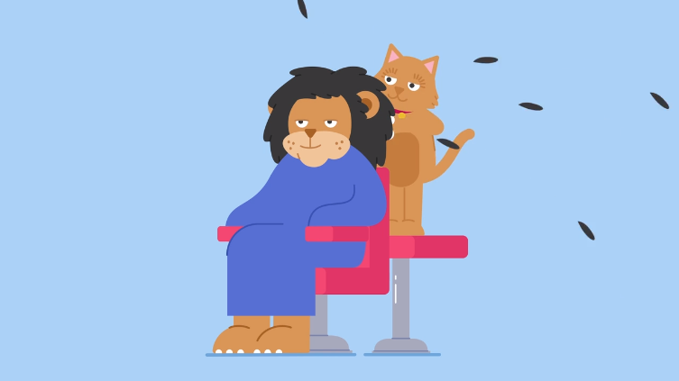 Illustration of a lion getting a haircut from a cat in a salon chair, with tufts of mane falling, playfully challenging gender norms through animal role reversal.