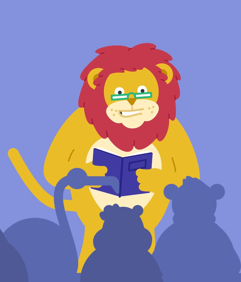 Illustration of a lion wearing glasses reading a book to an audience of animal silhouettes, promoting storytelling and education in a fun, animated style.