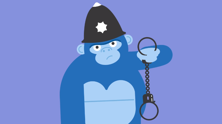 Illustration of a blue monkey dressed as a police officer, holding handcuffs with a serious expression, highlighting themes of authority and role representation through animal characters.