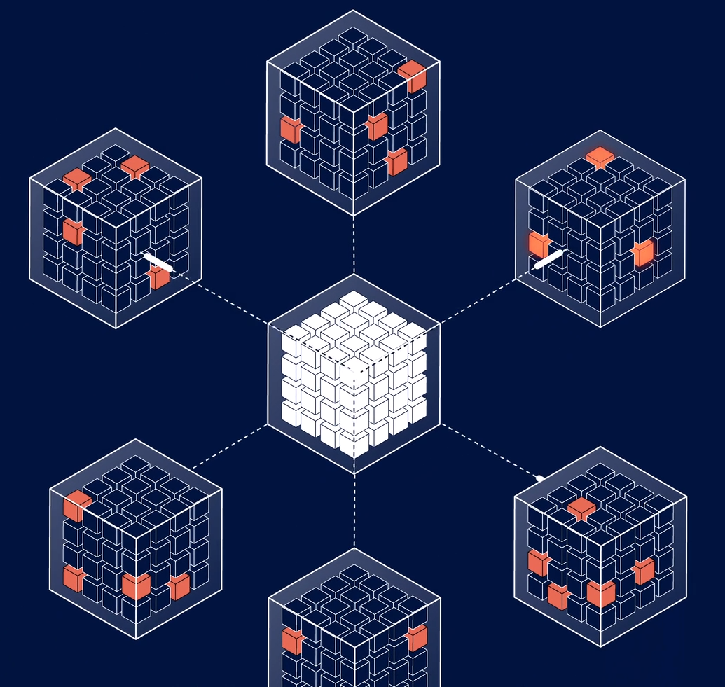 Illustration of interconnected data cubes representing secure data sharing or collaboration across networks, with highlighted segments showing selected data points being exchanged or analyzed.