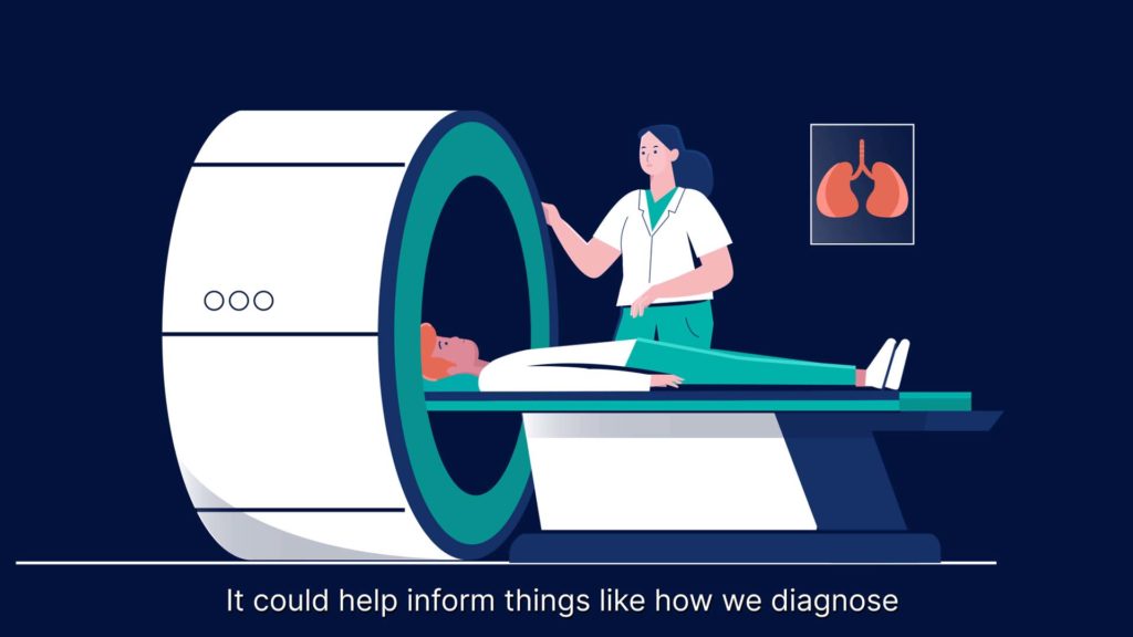 Illustration of a man undergoing an MRI scan while a healthcare professional stands nearby, highlighting medical diagnostics and patient care, with lung imagery in the background.