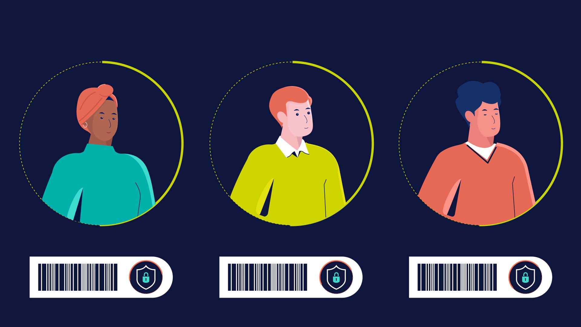 Illustration of three diverse individuals with barcodes and padlock icons below them, symbolizing secure personal data and privacy in longitudinal research or digital identity systems.