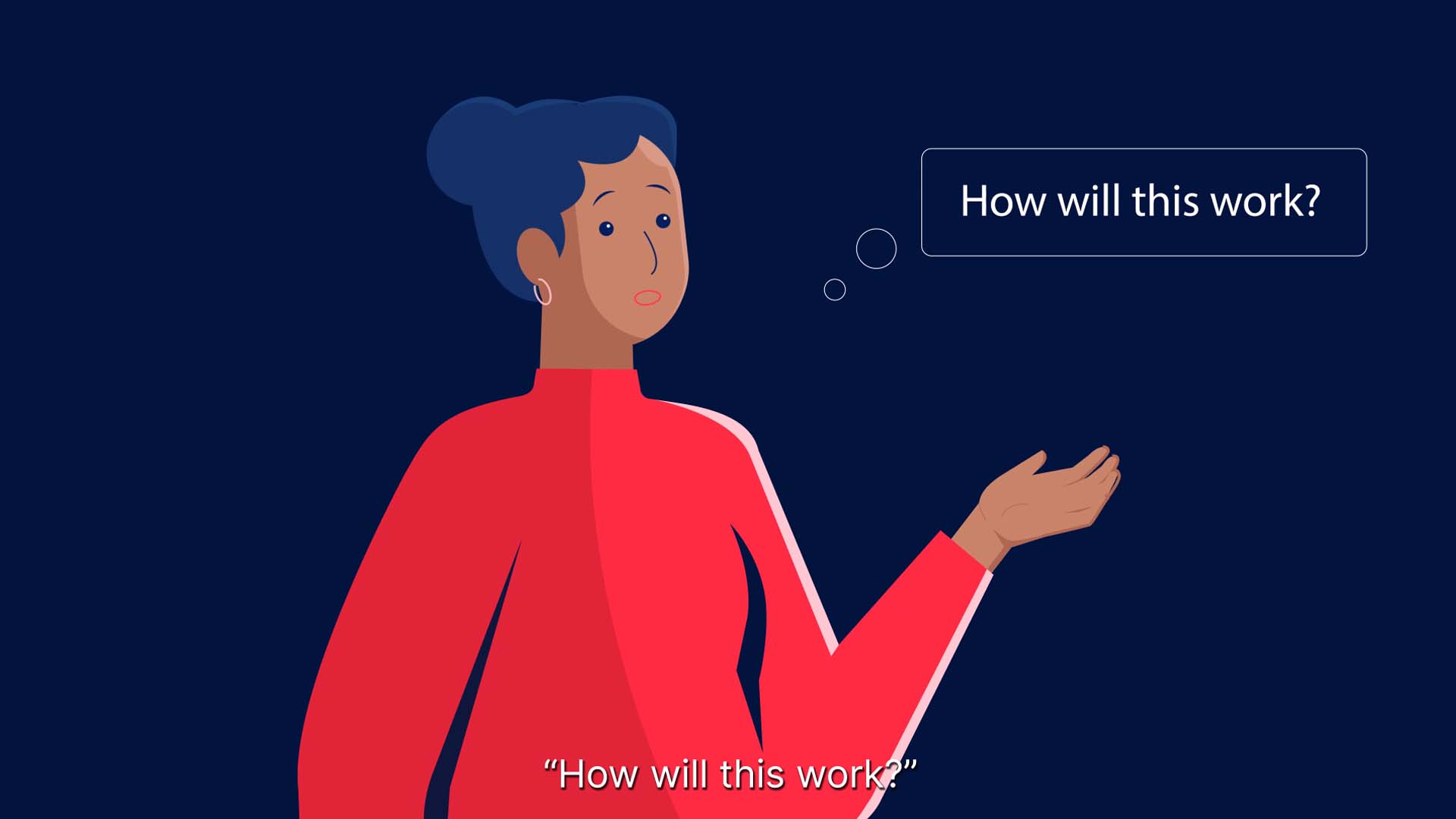 Illustration of a woman in a red top with a thought bubble asking, “How will this work?” representing curiosity or questions about a new process or system.