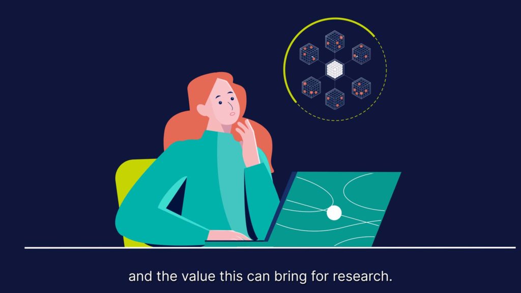 Illustration of a woman using a laptop, thoughtfully considering the value of research, with a visual representation of data networks above her, emphasizing the importance of research connectivity and insight