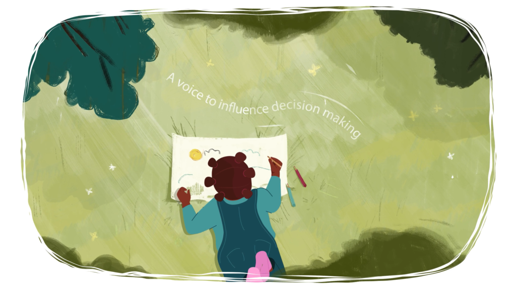 Illustration of a child lying on grass, drawing a picture on paper with crayons, surrounded by trees, with the text "A voice to influence decision making" above.