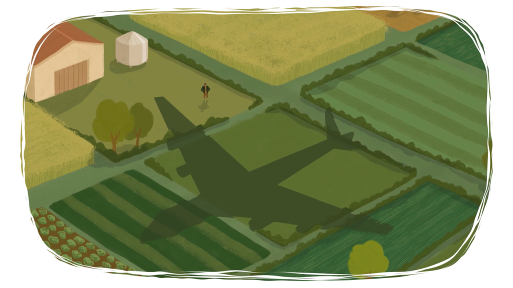 Illustration of a plane’s shadow cast over a patchwork of green farmland, with a farmer standing nearby and buildings and trees scattered across the landscape.