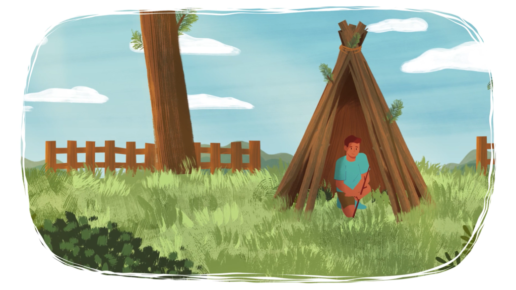 Child kneeling inside a small wooden teepee-style shelter surrounded by tall grass, trees, and a wooden fence, under a bright blue sky with scattered clouds.