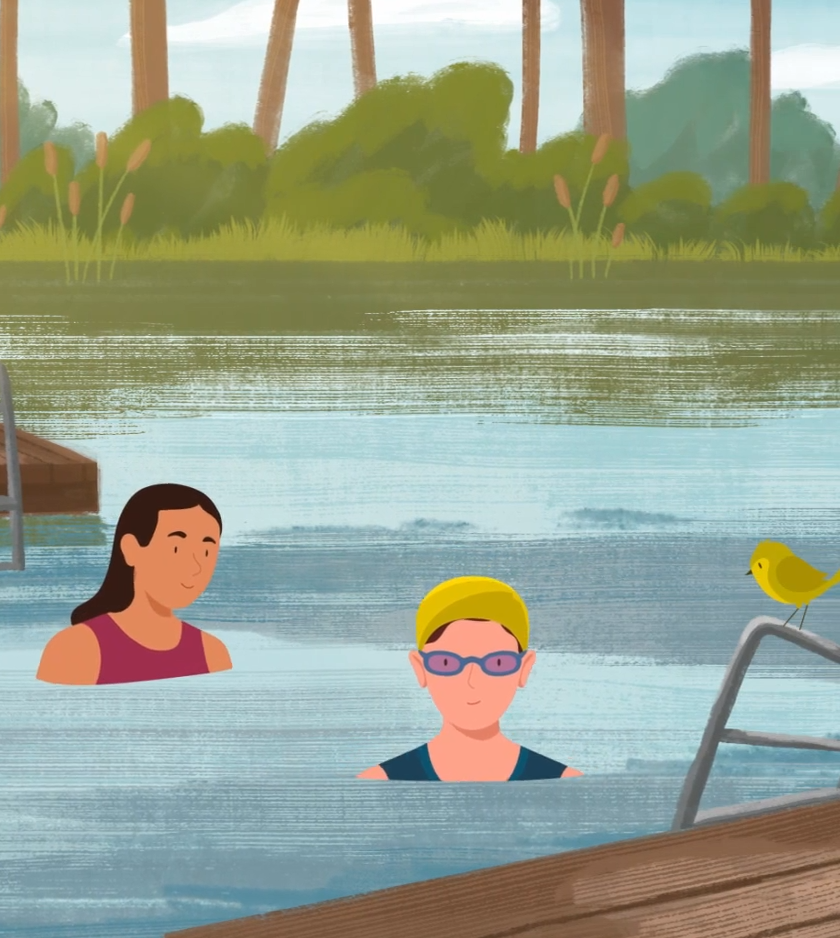 ChatGPT said: Two women swimming in a calm, natural lake surrounded by trees and reeds, with a small yellow bird perched on a wooden dock ladder in the foreground.