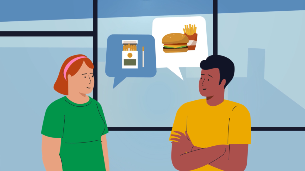 Two people are having a conversation, with thought bubbles showing images of cigarettes and fast food, representing a discussion about unhealthy lifestyle choices.