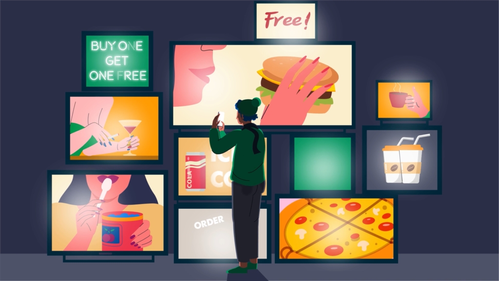 A person stands in front of multiple glowing screens displaying tempting food and drink ads, including burgers, pizza, soda, ice cream, and promotional offers like "Buy One Get One Free."