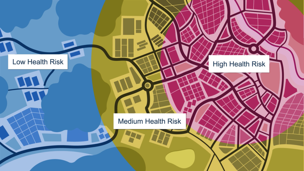 A color-coded map showing areas with low, medium, and high health risks based on location, highlighting disparities in urban health outcomes.
