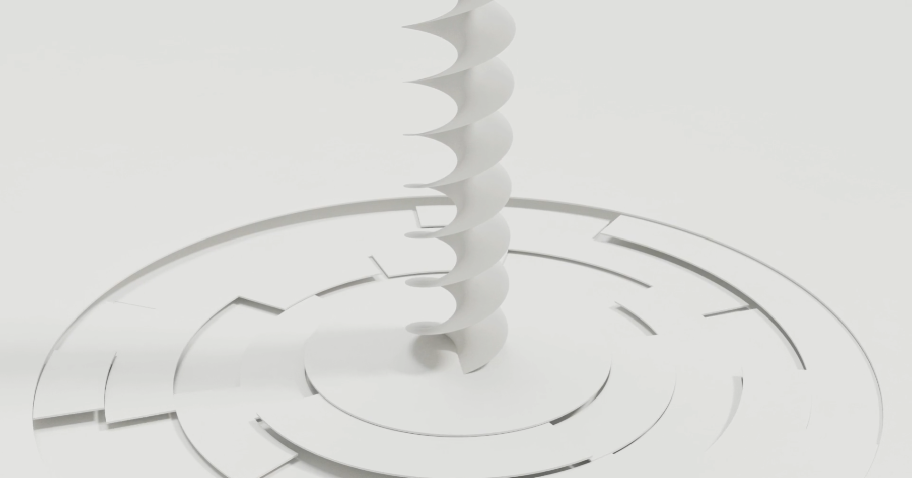 Minimalist 3D rendering of a spiraling, screw-like structure emerging from concentric circular platforms, all in shades of white and light grey on a clean, monochromatic background.